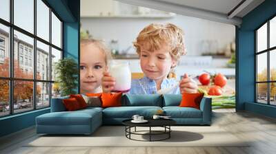 Boy holding spoon and parfait jar with sister at home Wall mural