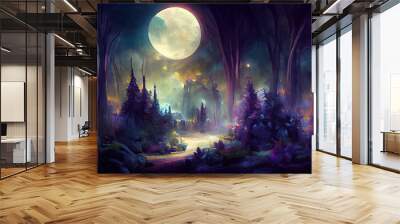 Bright full moon in dark fairy tale forest as wallpaper design Wall mural