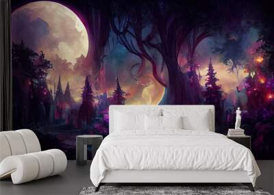 Bright full moon over dark fairy tale forest Wall mural