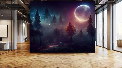 Bright moon over magical dark fairy tale forest at night Wall mural