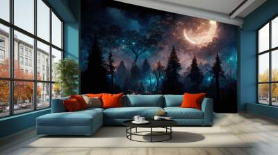 Bright moon over magical dark fairy tale forest Wall mural