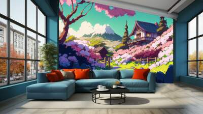 Chalet houe in the mountains in spring landscape (Generative AI) Wall mural