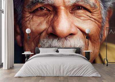 Closeup portrait of fictional old hispanic smiling man with wrinkles (Generative AI) Wall mural