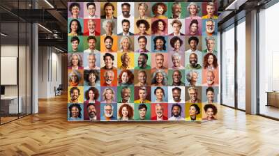 Collage of adult people of many age groups in front of colorful backgrounds Wall mural