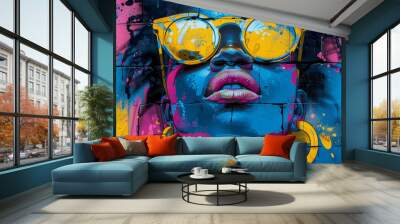 Colorful graffiti art of a woman wearing sunglasses and earrings on a brick wall Wall mural