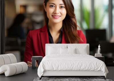 Confident Japanese businesswoman in red blazer at modern office Wall mural