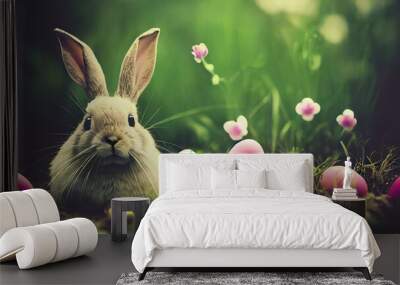 Cute baby rabbit as easter bunny on grass with easter eggs as illustration (Generative AI) Wall mural