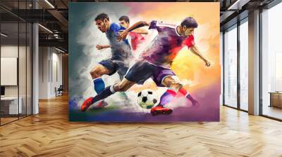 Duel between soccer players with ball in football match (Generative AI) Wall mural