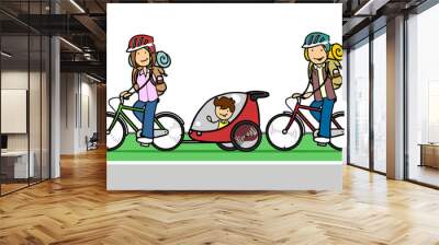 Familie fahren Fahrrad auf Fahrradstreifen auf Straße Wall mural