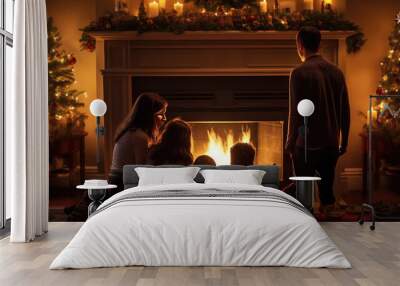 Family silhouette by glowing fireplace Wall mural