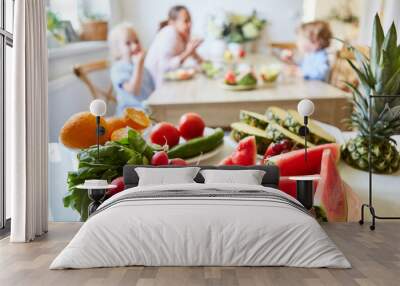 Fresh fruits and vegetables on table Wall mural