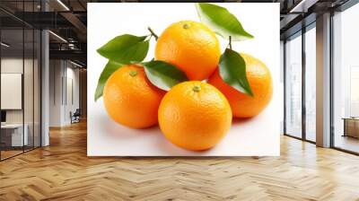 Fresh tangerines with green leaves on white background Wall mural