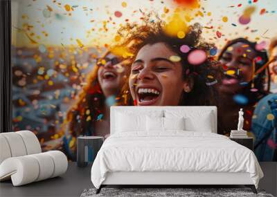 Friends celebrating at a rooftop party with colorful confetti and joyful expressions Wall mural