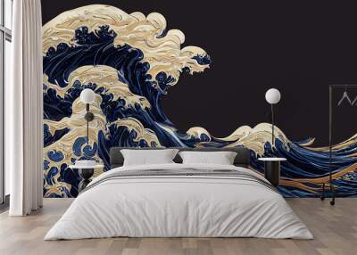 Great blue ocean wave as Japanese vintage style illustration Wall mural