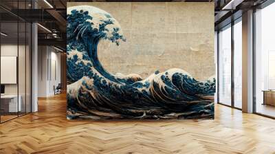 Great wave in ocean as Japanese style illustration wallpaper Wall mural