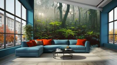 Ground of foggy forest jungle as nature background wallpaper Wall mural