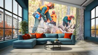 Group lumberjack in the forest saws logs Wall mural