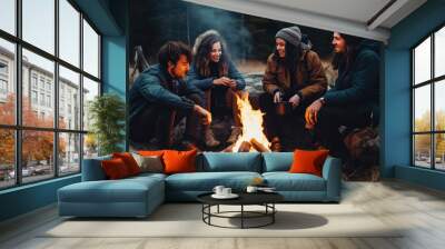 Group of friends sitting around warm campfire in nature Wall mural