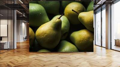 Heap of fresh, ripe pears with shimmering waterdrops Wall mural