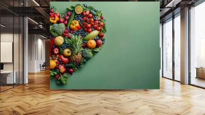 Heart shape made from various fresh fruits and vegetables on green background Wall mural