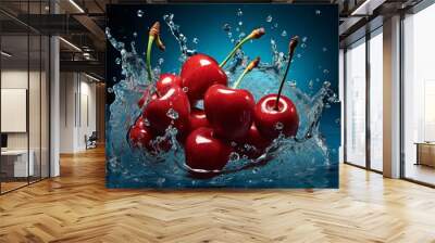 High-quality image showcasing a fresh group of cherries with water splashing detail Wall mural