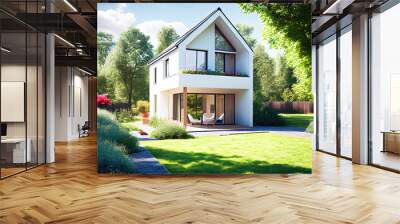 Illustration of modern German detached house in city area with beautiful garden (Generative AI) Wall mural