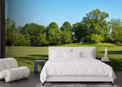 Large green garden with trees against a blue sky Wall mural