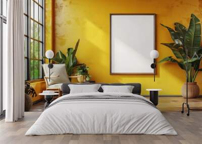 Large white blank poster frame on yellow wall in modern interior with plants and armchair Wall mural