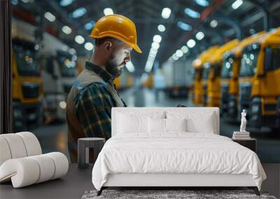 Logistics professional checking tablet amidst truck fleet in warehouse Wall mural