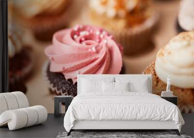 Lots of colorful cupcakes with raspberry and other creams Wall mural