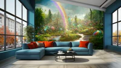 Magic fairytale forest landscape with creek and rainbow Wall mural