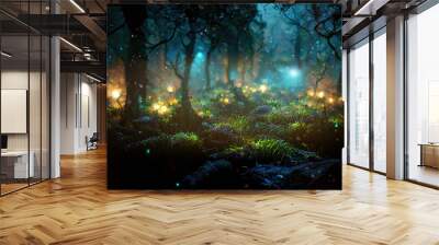 Magical dark fairy tale forest at night with glowing lights Wall mural