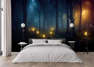 magical fairy tale forest at halloween at night with glowing lights Wall mural