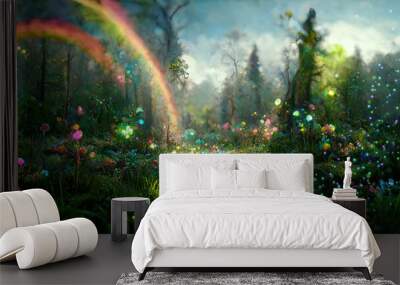 Magical fantasy fairytale forest with rainbow and trees Wall mural