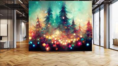 Magical forest with christmas trees and glowing lights Wall mural