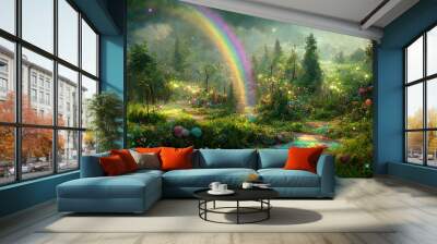 Magical rainbow in fairy tale forest as fantasy wallpaper Wall mural