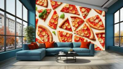 Many realistic pizza slices as seamless tiles wallpaper background (Generative AI) Wall mural