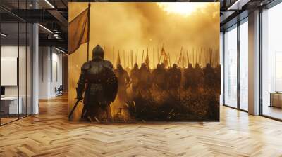 Medieval knights reenact epic battle at sunset, showcasing armor and flags Wall mural