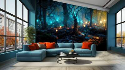 Mystical magical forest at night with glowing lights Wall mural