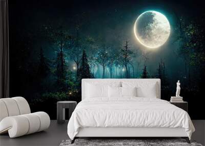 Path in dark fairy tale forest with big full moon glowing Wall mural