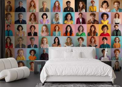 Portrait collage of happy people in front of monochromatic backgrounds Wall mural