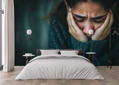 Portrait of a distressed woman grieving and crying, emotions of despair Wall mural