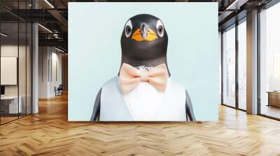 Portrait of a penguin in elegant designer attire featuring a chic bow tie, blending humor and style in a unique animal fashion concept, set against a minimalist backdrop. Wall mural