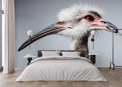 Portrait of deformed ostrich bird with two beaks and two sets of eyes as side effect of digital engineering (Generative AI) Wall mural