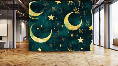 Seamless vector pattern with Islamic motifs, crescents, and stars in gold Wall mural