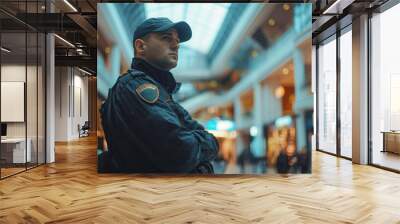 Security guard in black uniform stands alert in a bustling shopping mall Wall mural