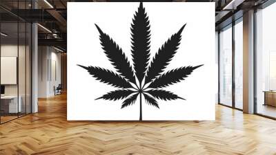 Simplified silhouette of a marijuana leaf in black on white Wall mural