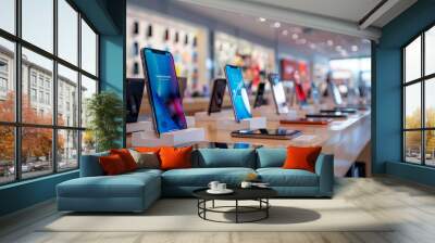 Sleek smartphones on display in a modern store with vibrant backgrounds Wall mural