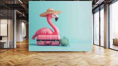 Summer vacation concept with suitcase, straw hat, and inflatable flamingo Wall mural