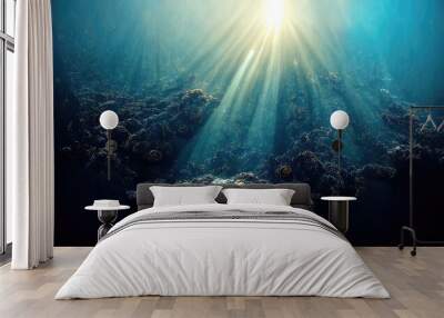 Sun light shining at deep under water abyss in ocean Wall mural